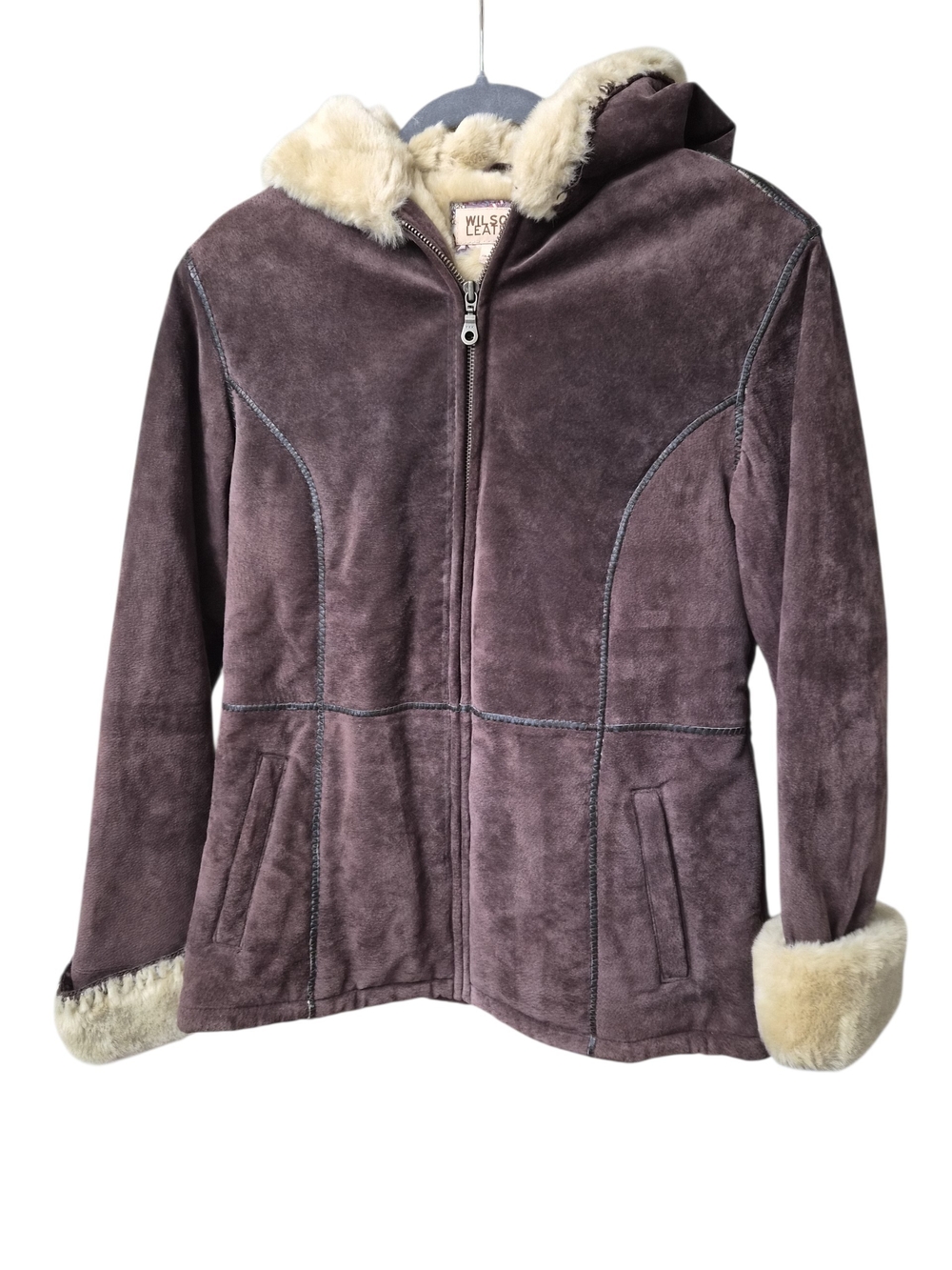Wilsons Leather Mauve Suede Hooded Jacket with Cream Faux Fur